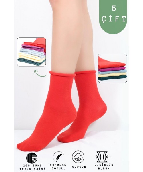 KRAL SOCKS Coton Dikişsiz Lastiksiz Roll-top Yazlık Sıkmayan 5 'li Paket Uzun Kadın Çorap Seti
