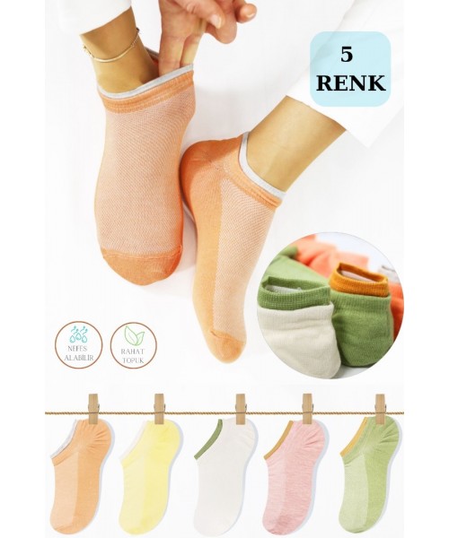 5'li Kadın Çorap Yazlık Comfort Çift Lastik Pamuklu Penye Patik Çorap