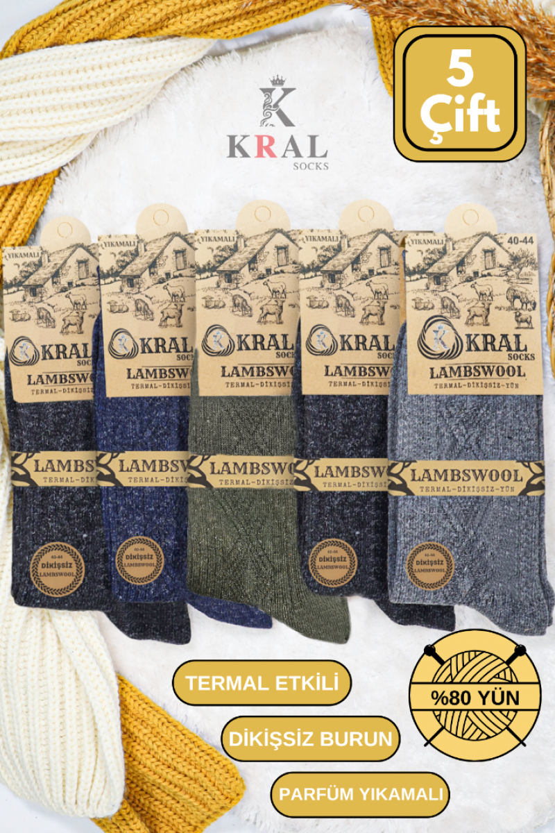 Erkek Kışlık (5 ÇİFT) Lambswool Yün Çorap Termal Etkili
