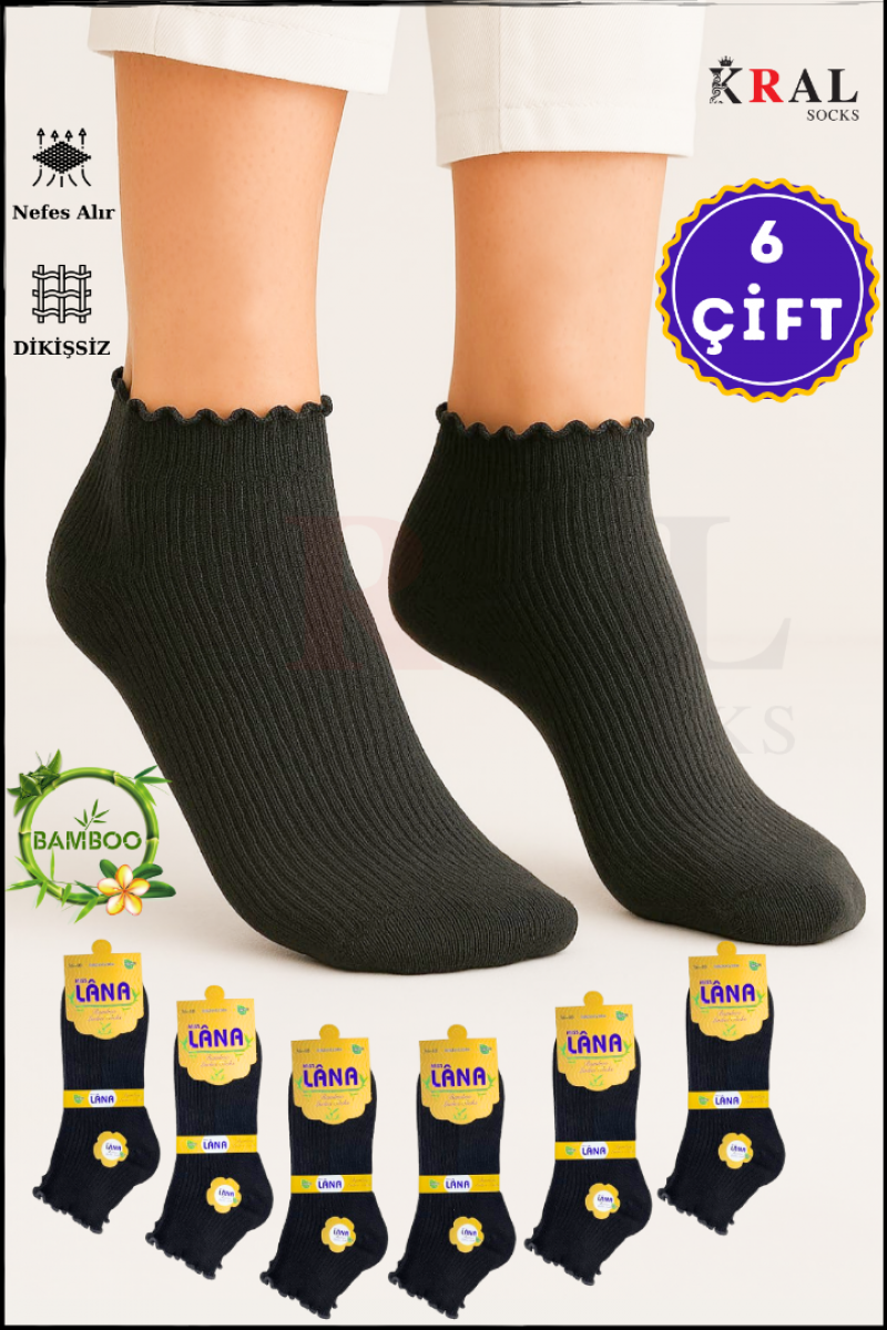 Kadın Bambu Çorap (6 ÇİFT) Fırfırlı Patik Kadın Çorap