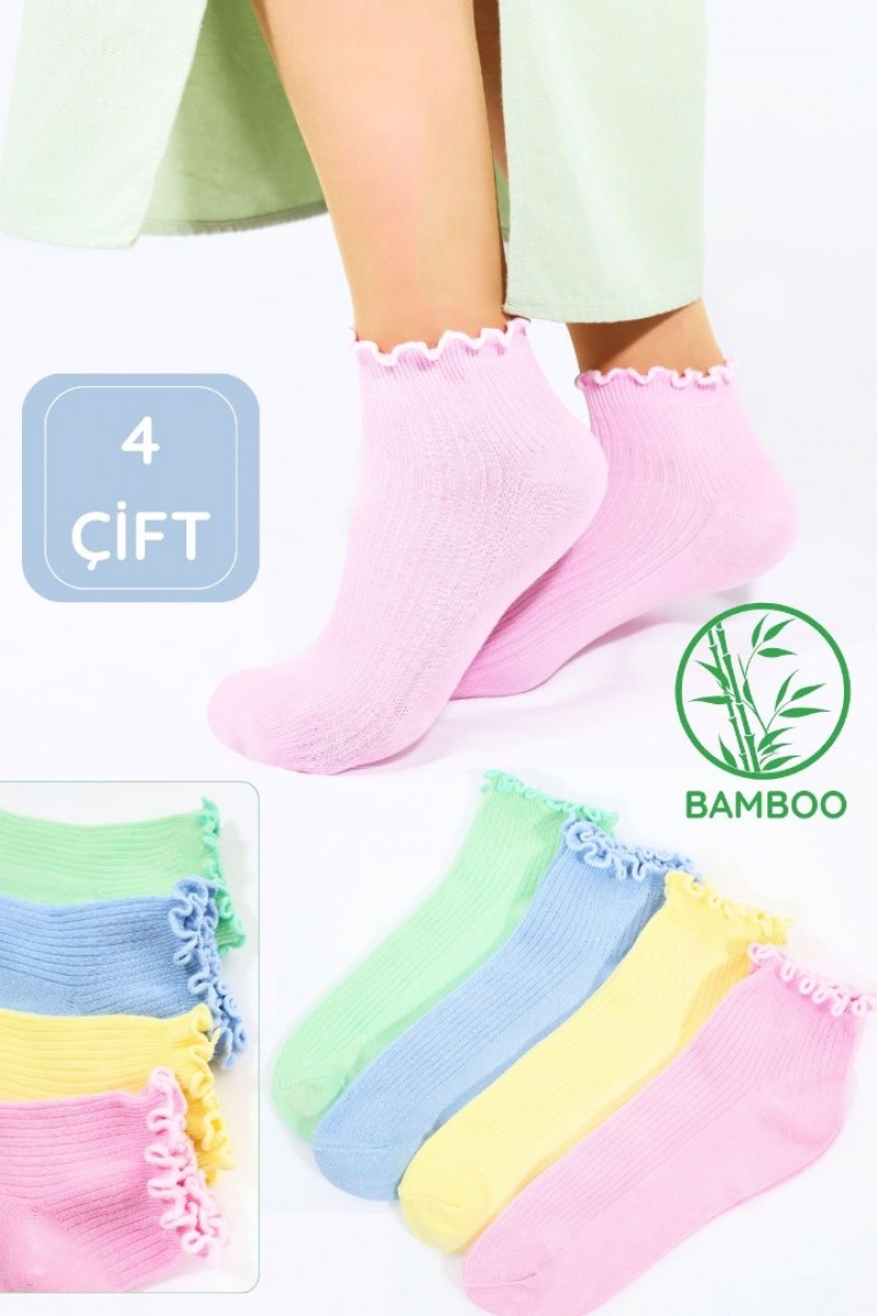 Kadın Bambu Çorap (4 ÇİFT) Renkli Fırfırlı Patik Kadın Çorap
