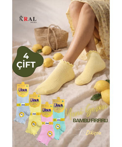 Kadın Bambu Çorap (4 ÇİFT) Renkli Fırfırlı Patik Kadın Çorap