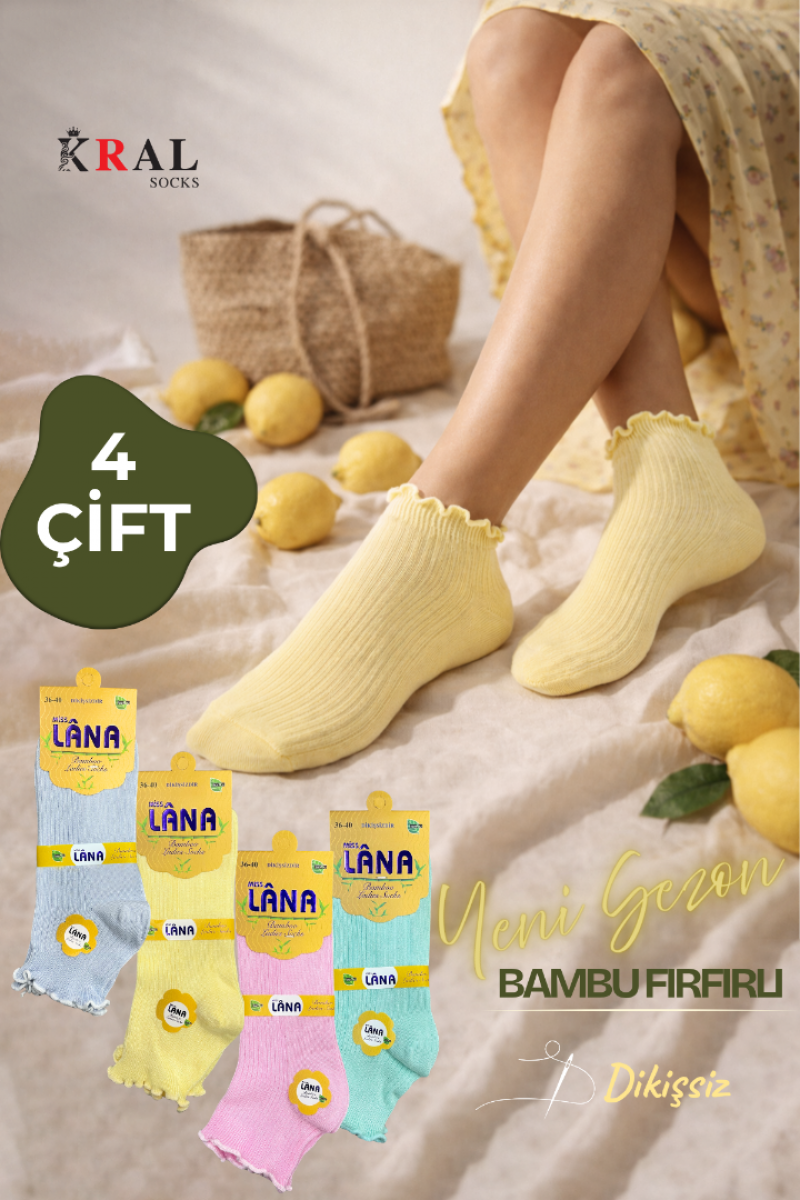 Kadın Bambu Çorap (4 ÇİFT) Renkli Fırfırlı Patik Kadın Çorap
