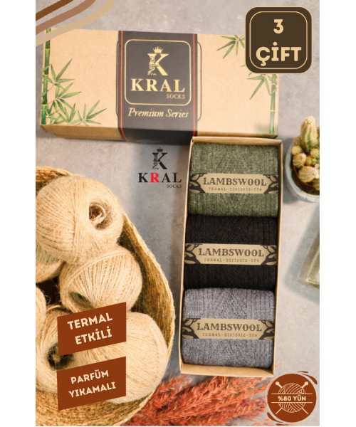 3 Çift Erkek Hediye Kutulu Lambswool Yün Çorap