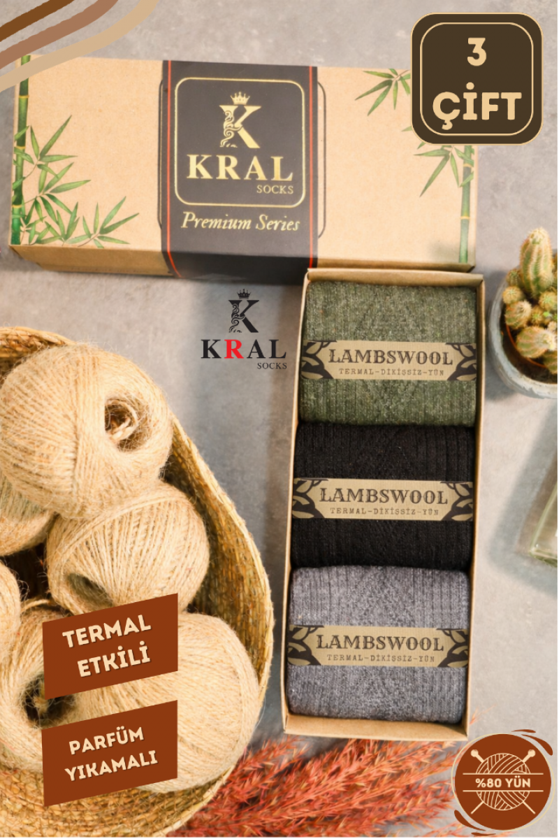 3 Çift Erkek Hediye Kutulu Lambswool Yün Çorap