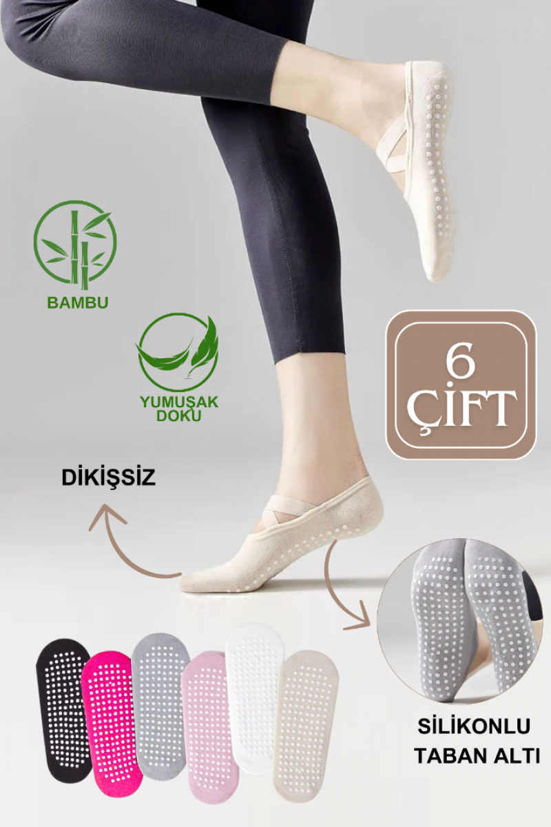 Bambu Pilates Çorabı Yoga ABS Kaydırmaz Taban Dans Bale Fitness Spor Çorabı 6 ÇİFT ASORTİ