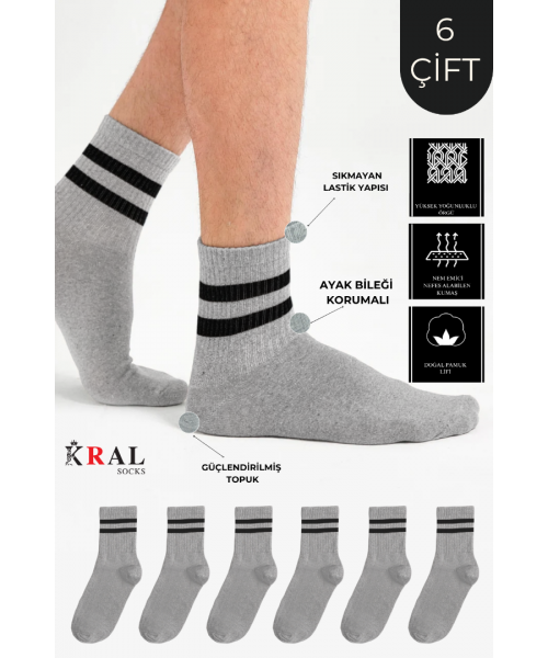 6 Çift Unisex Çizgili Pamuklu Tenis Çorap