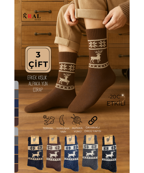 3 Çift Erkek Alpaka Yün Çorap