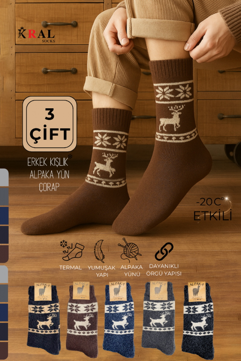 3 Çift Erkek Alpaka Yün Çorap