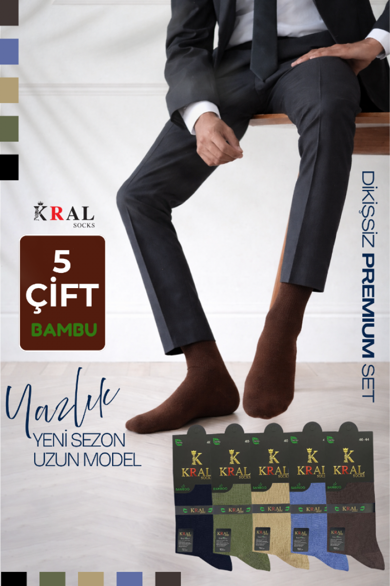 Bambu Erkek Soket Düz Uzun Çorap Klasik Yazlık Dikişsiz 5'li Premium Set