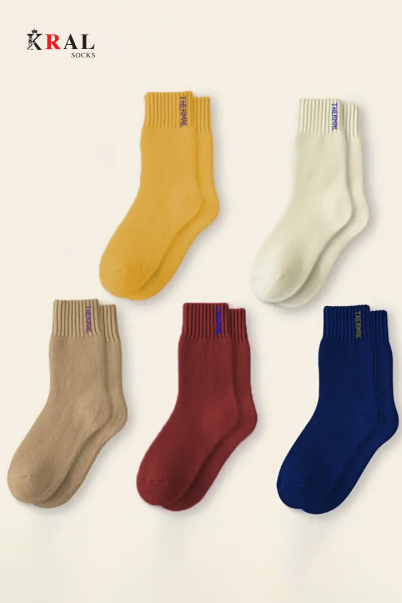 Thermo Özellikli 2X Korumalı (5 Çift) Kadın Termal Renkli Kışlık Yün Havlu Çorap