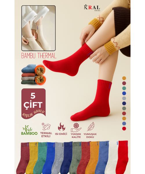 Thermo Özellikli Bambu 2X Korumalı (5 Çift) Kadın Termal Renkli Kışlık Havlu Soket Çorap