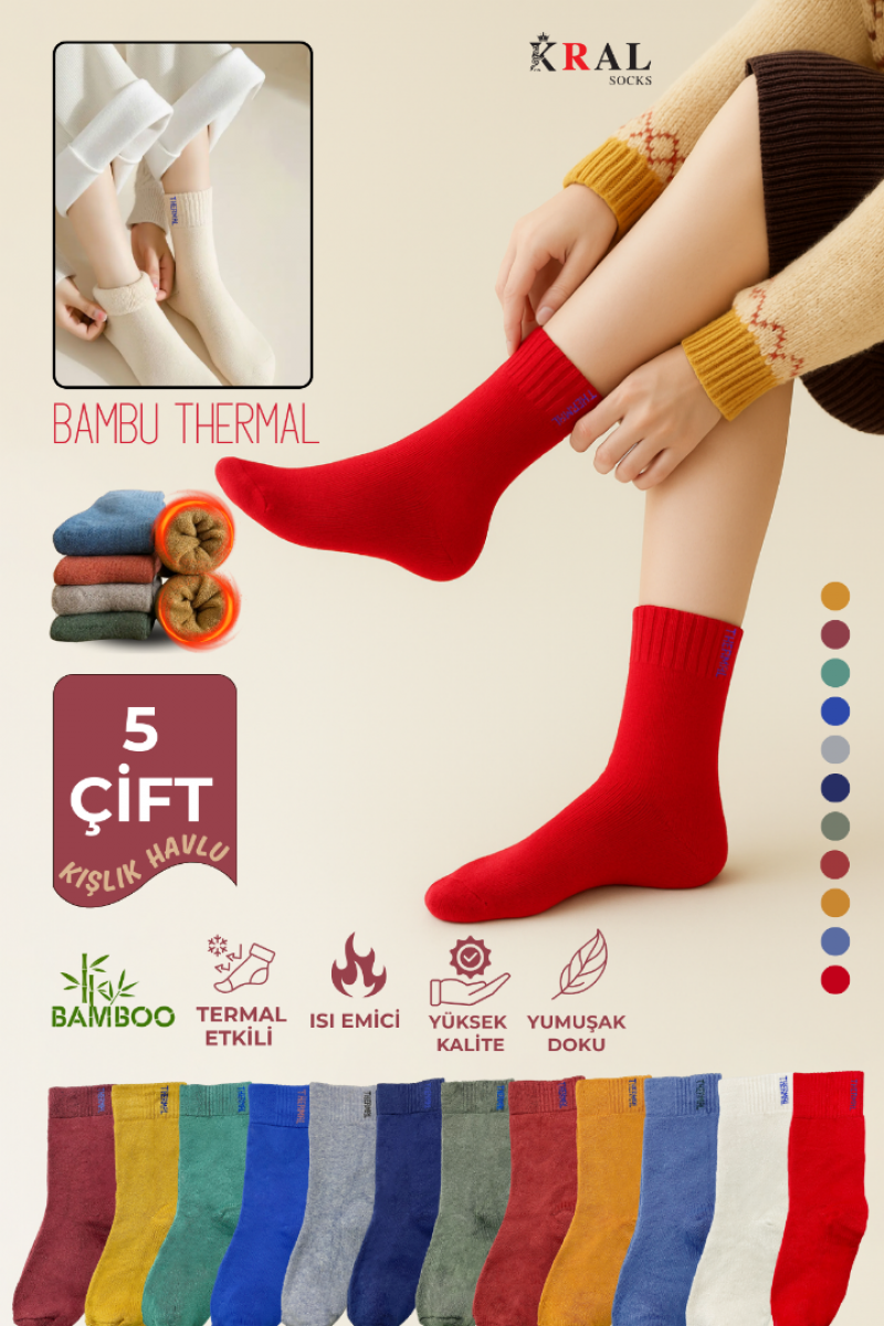 Thermo Özellikli Bambu 2X Korumalı (5 Çift) Kadın Termal Renkli Kışlık Havlu Soket Çorap