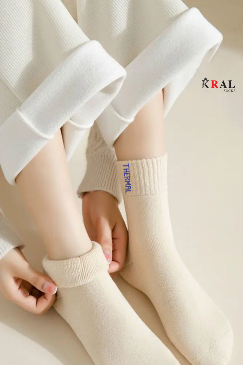 Thermo Özellikli 2X Korumalı (5 Çift) Kadın Termal Renkli Kışlık Yün Havlu Çorap