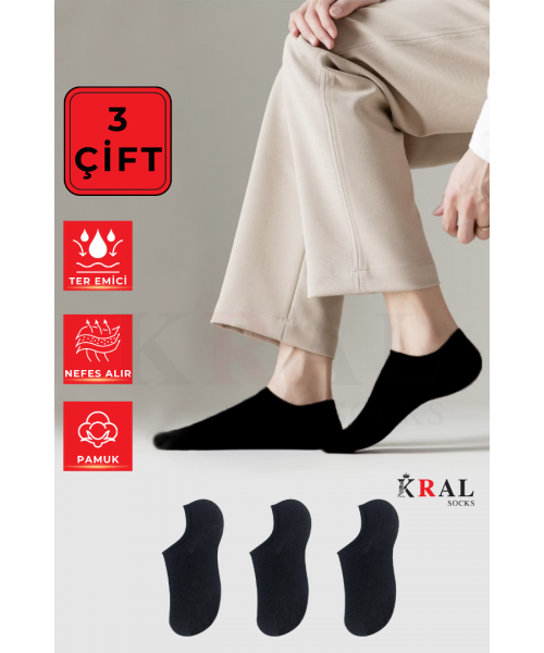 Kadın - Erkek - Unisex Düz Desen (3 ÇİFT) Pamuklu Terletmez Yazlık Görünmez Çorap Seti SİYAH