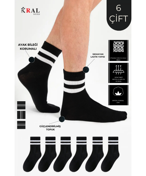 6 Çift Unisex Çizgili Pamuklu Tenis Çorap