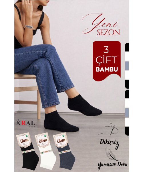 3 Çift Kadın Dikişsiz Bambu Patik Boy Çorap 