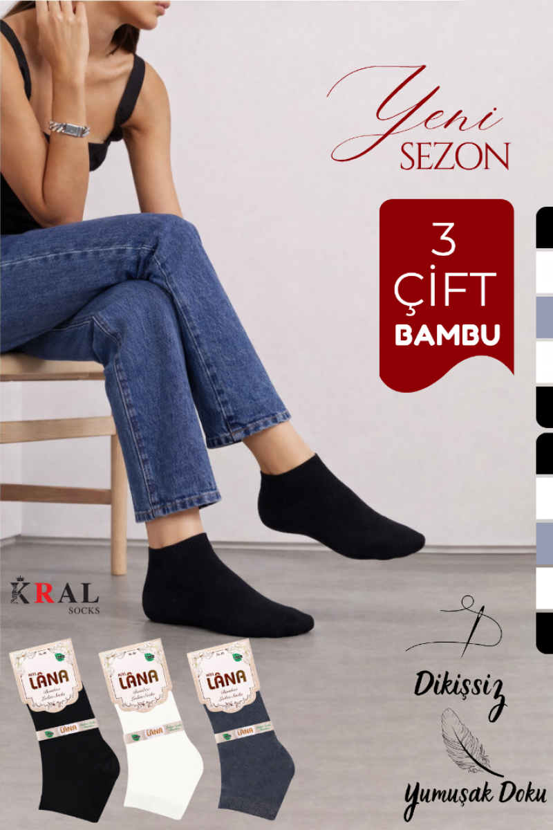 Dikişsiz Patik Kadın Bambu  Çorap 3 Çift