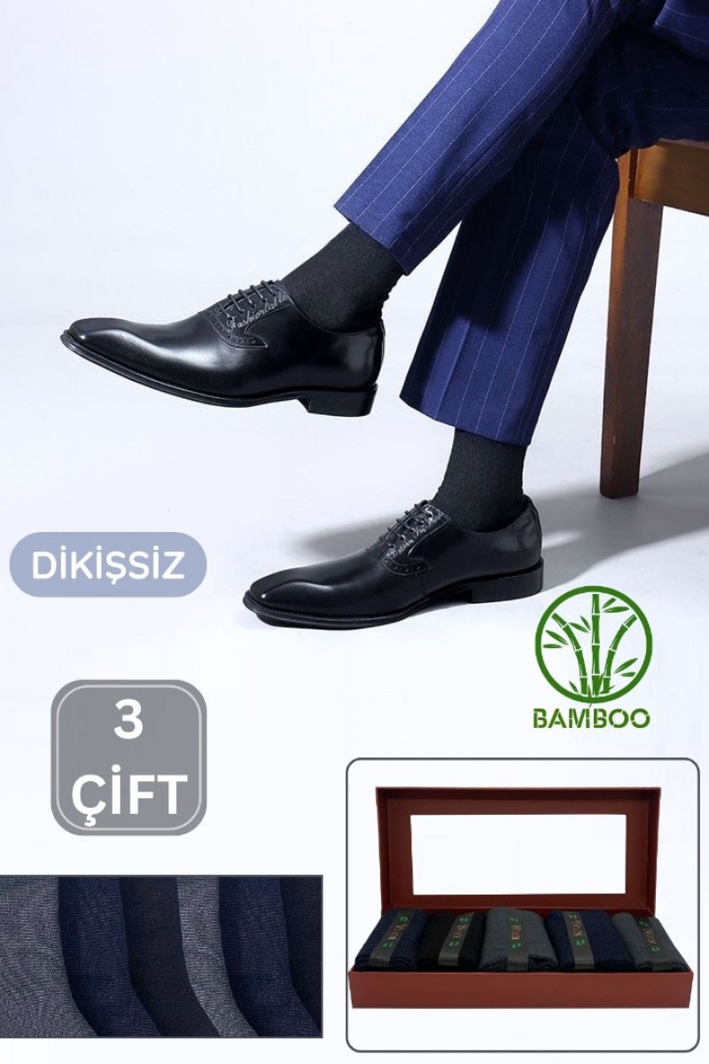 Premium Busines (3 ÇİFT KUTULU) Klasik Uzun Boy Mevsimlik Dikişsiz Erkek Bambu Soket Çorap