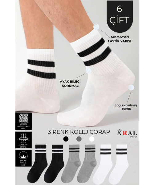 Erkek Kadın (6 ÇİFT) Çizgili Kolej Tenis Çorabı Pamuklu Terletmez Çorap