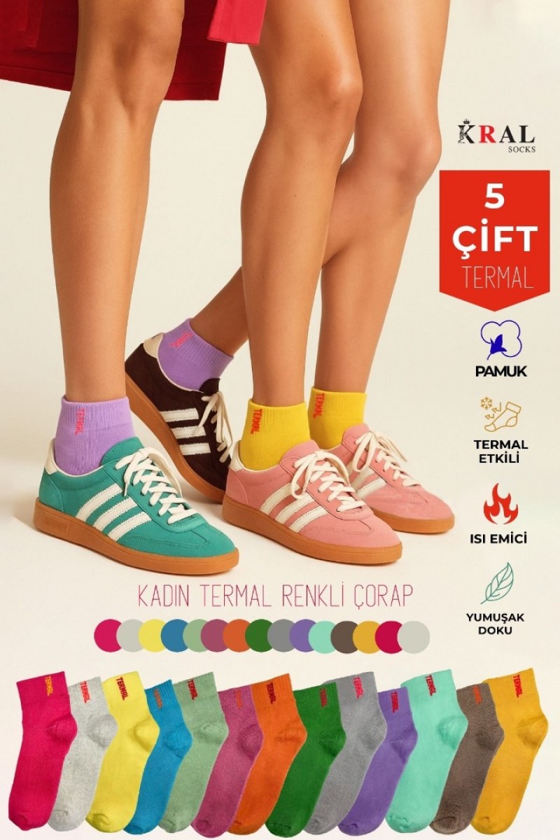Kadın Çorap 5 Çift Renkli Termal Havlu Kışlık Çorap (ISI EMİCİ)