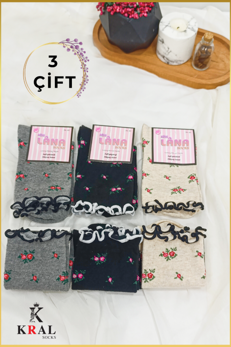 Kadın Çorap Fiyonk Kurdela Desenli Fırfırlı (3 Çift) Yazlık Çorap